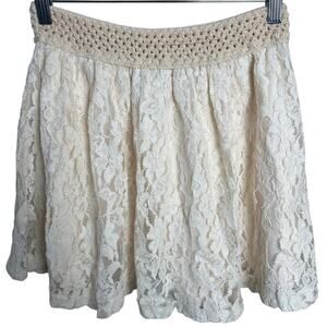 Y2K Deb Lace Tan Skirt Small Elastic Waist Knit Detail